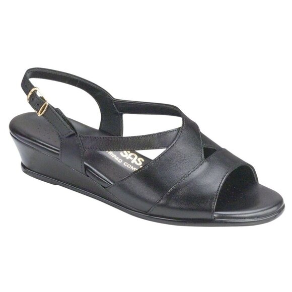 SAS Tri-Pad Caress Black Leather Comfort Shoe Wedge Heel Size 10WW Wide Sandals - Picture 1 of 9